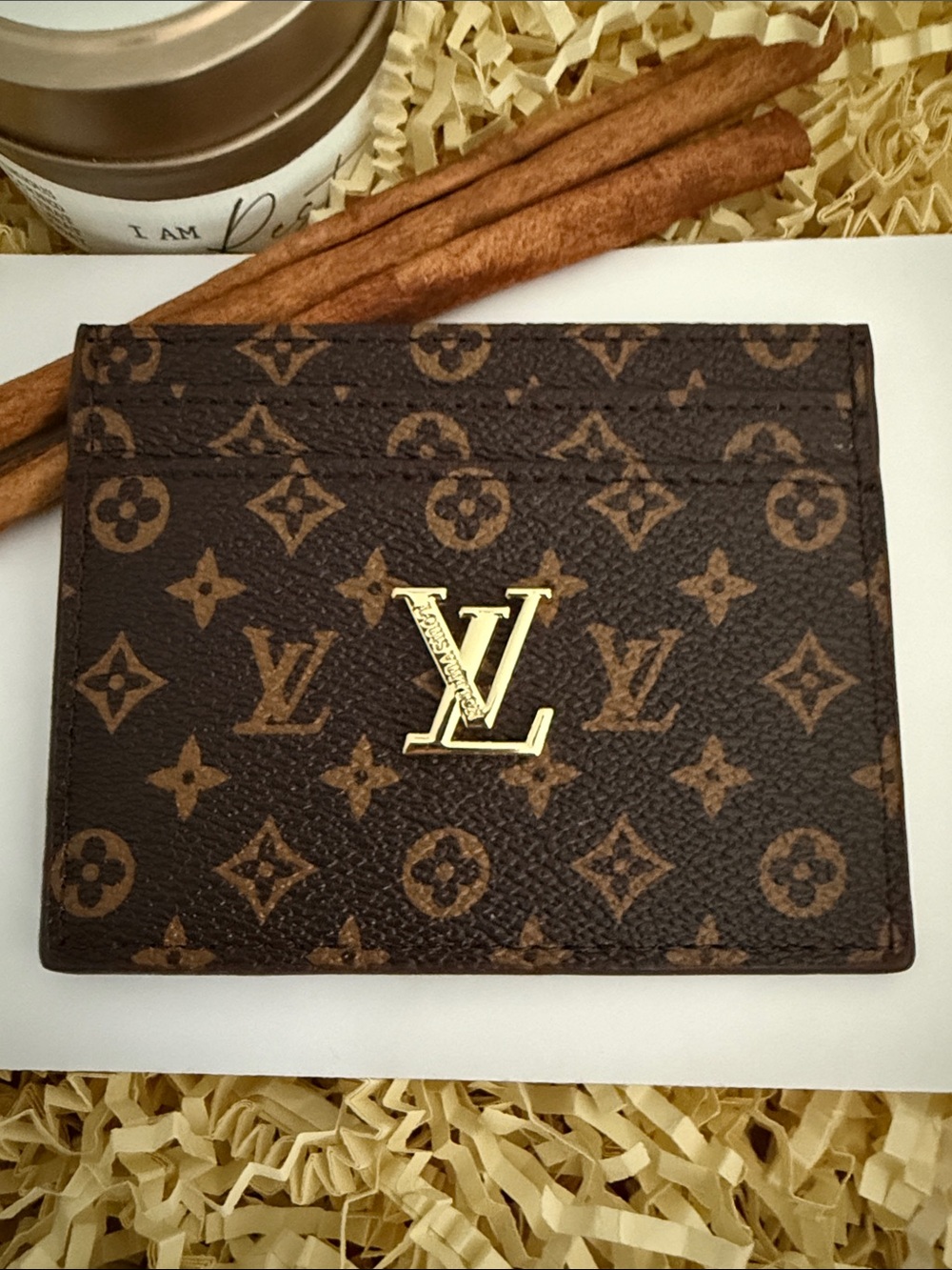 Brown Monogram Card Holder with Gold Logo Emblem